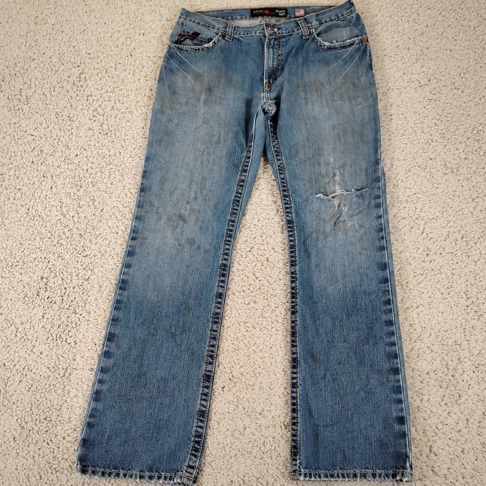 Ariat FR Jeans Mens 35x36 M4 Boot Blue Relaxed Bootcut Work Denim Thrashed Faded